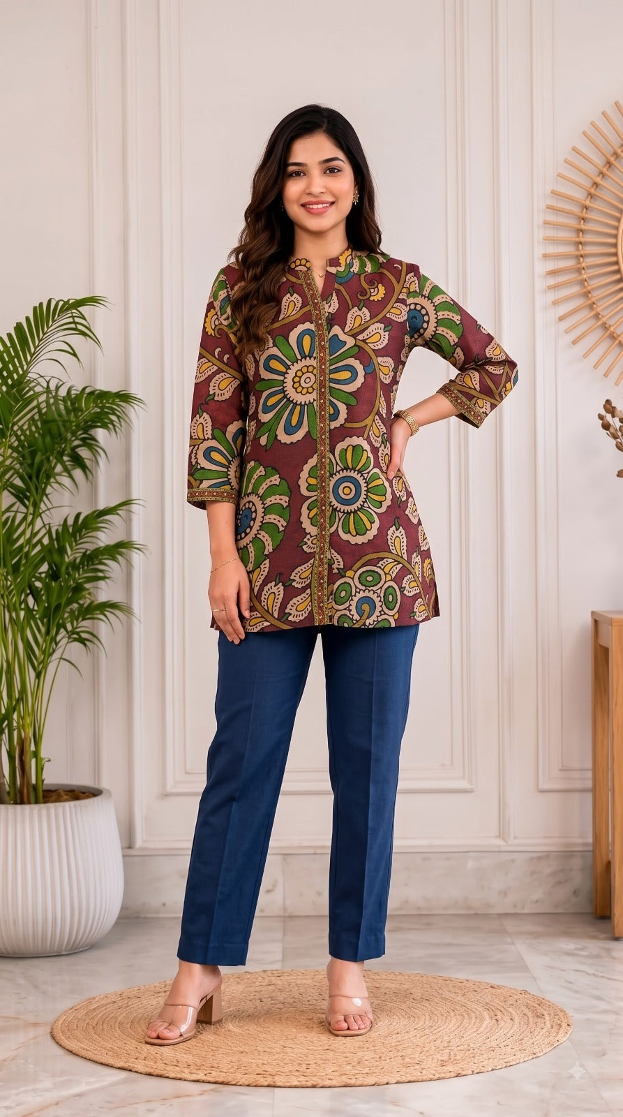 Pretty Mul silk Kalamkari top inWine