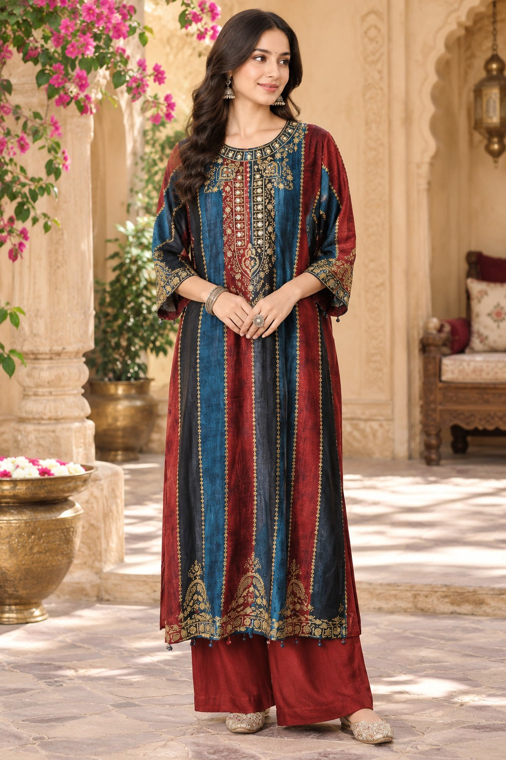 Premium Russian silk Phiran kurta pant in blue