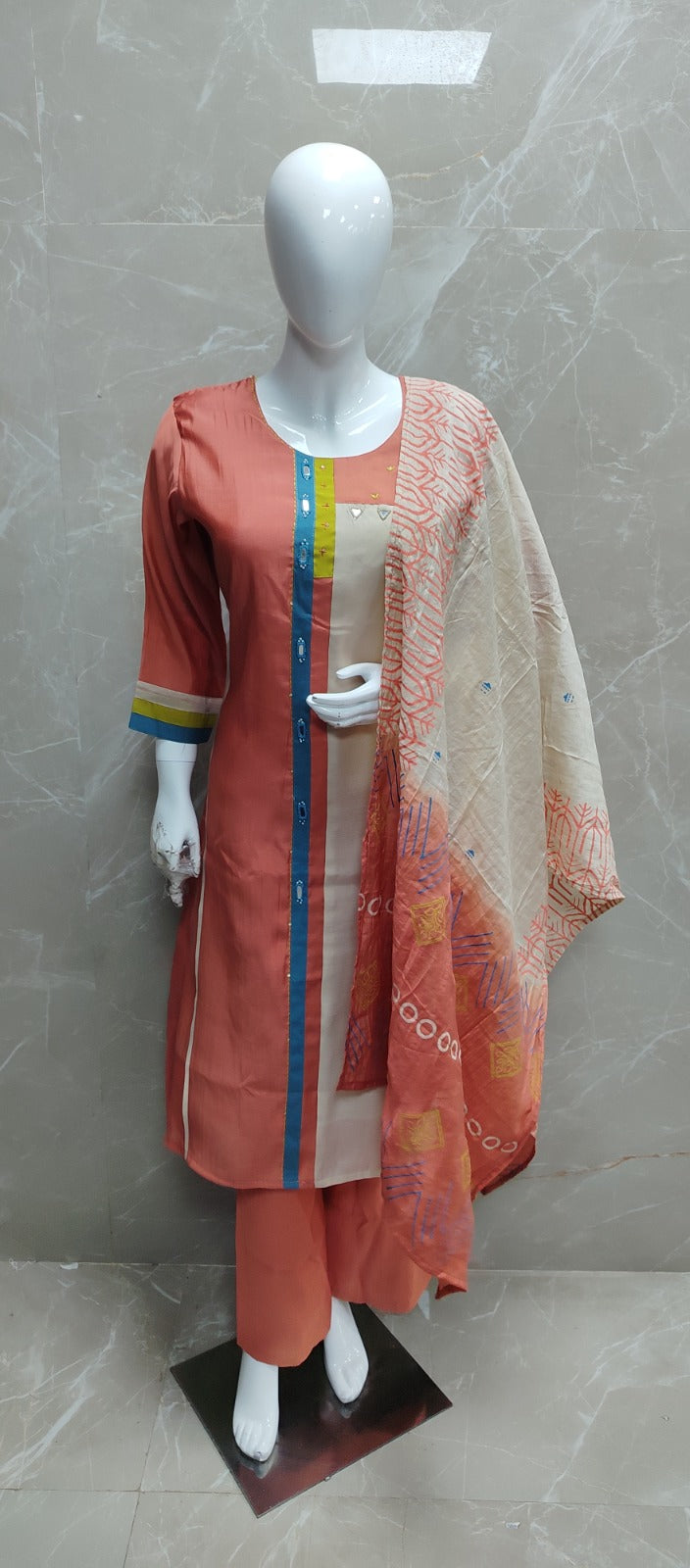 Pretty Mul chanderi with real mirror detailing suit set in orange (slim fit )