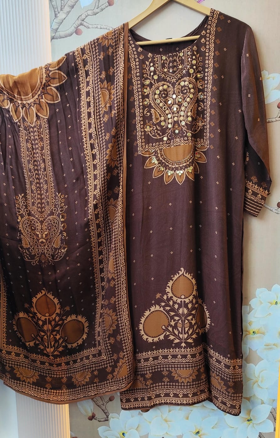 Pure crepe ajrakh suit set with lining in brown