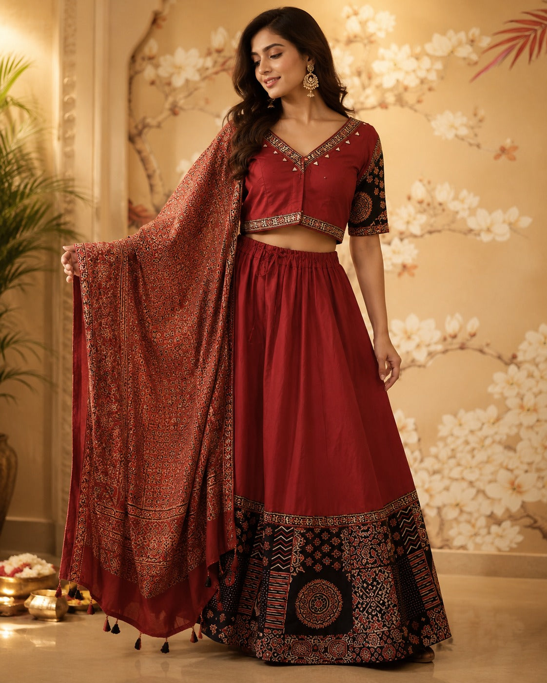 Super pretty ajrakh real mirror skirt / lehenga set in cotton in red