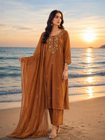 Pretty embroidered Mul chanderi in brown