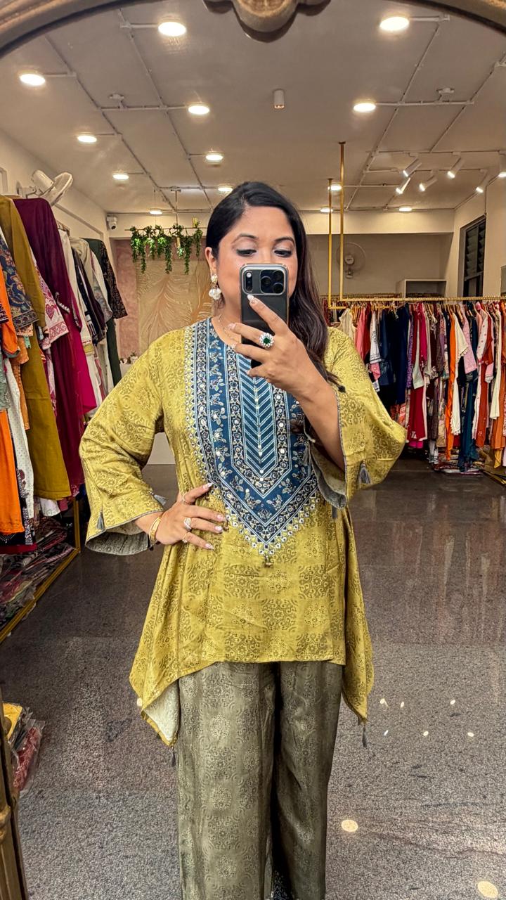 Pure Mul silk kaftan Co ord in olive green