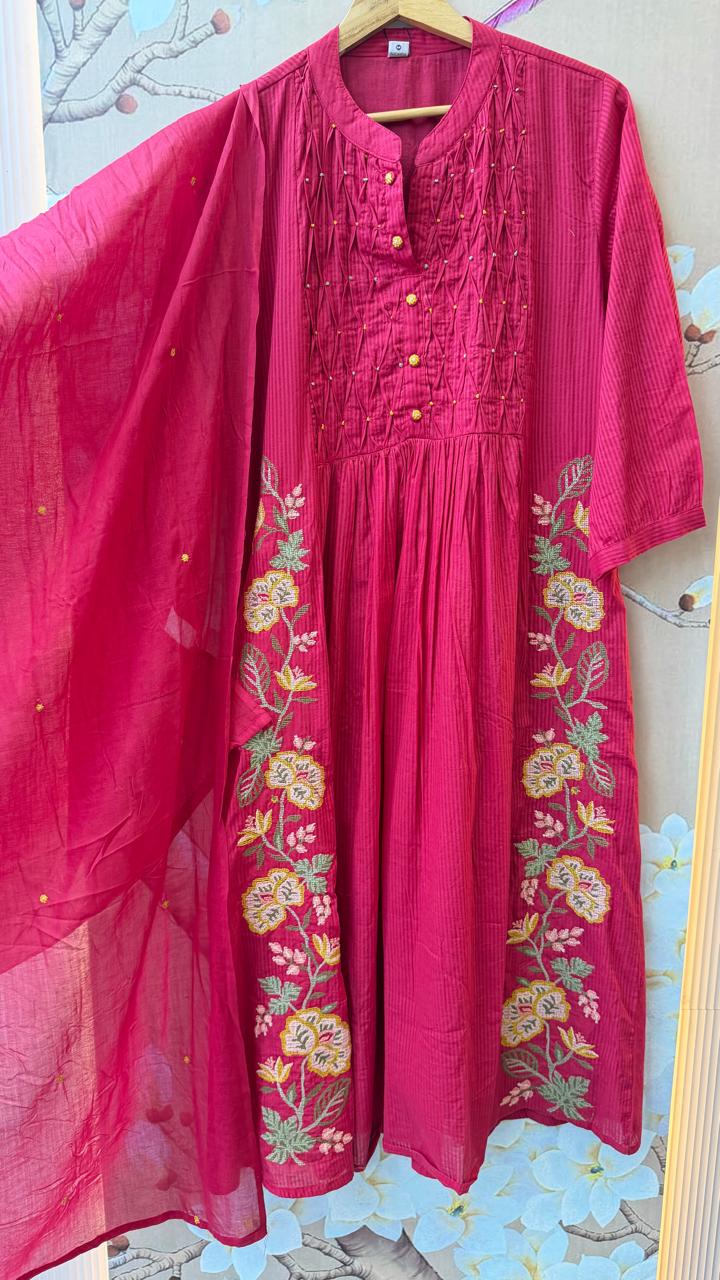 Smart cotton embroidered pintex detailing suit set in pink
