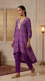 Pure Mul silk silver zari detailing co ord in purple