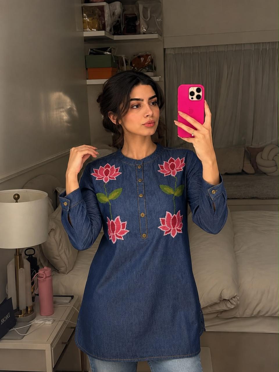 Embroidered denim cotton short top
