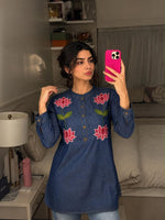 Embroidered denim cotton short top