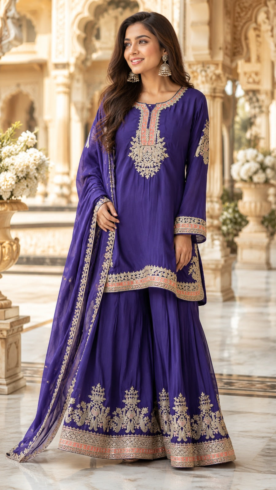 Pure chinon plazzo set with heavy handwork in purple colour