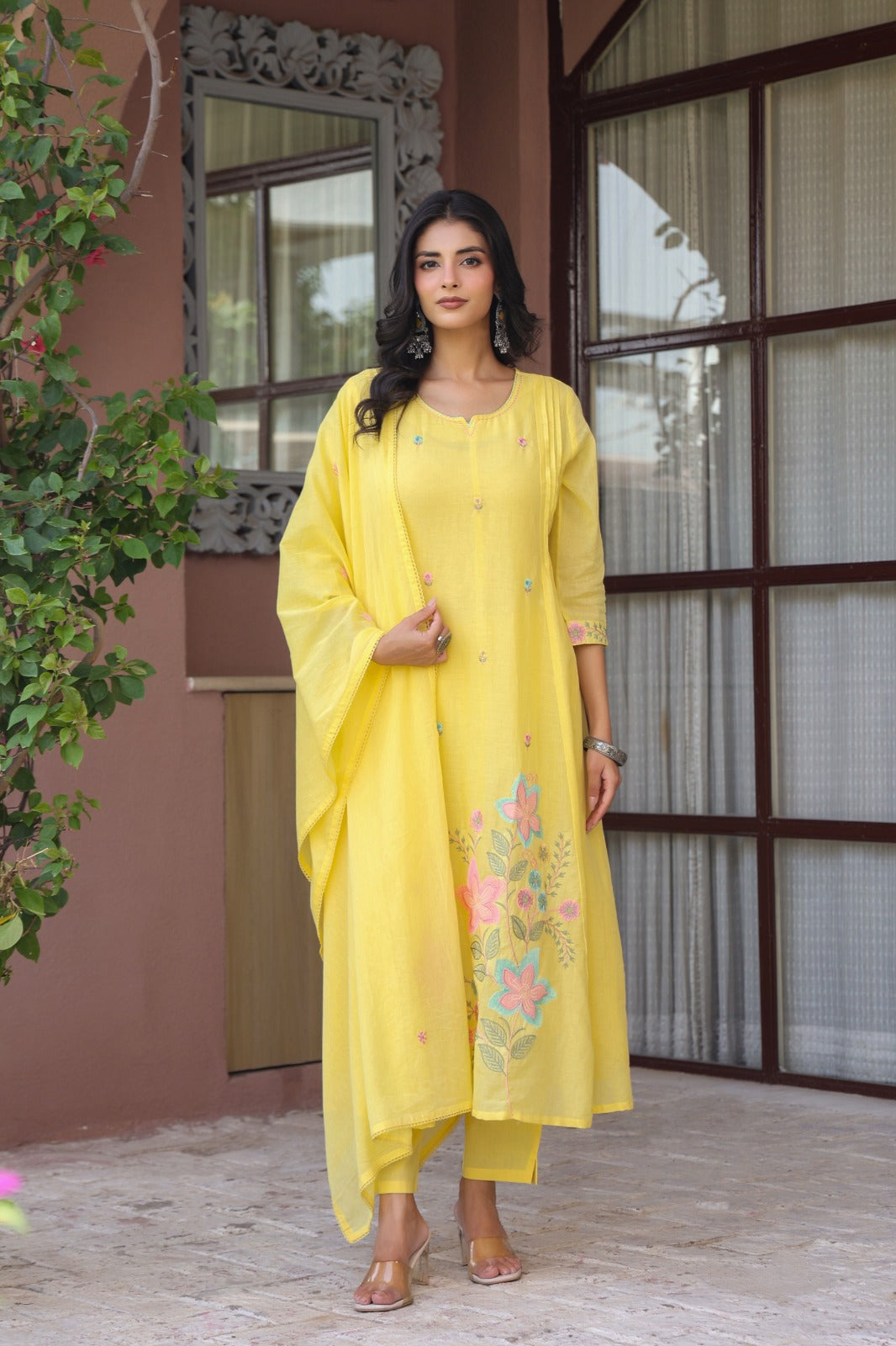 Pure Mul cotton embroidered full suit set in yellow