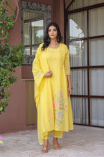 Pure Mul cotton embroidered full suit set in yellow