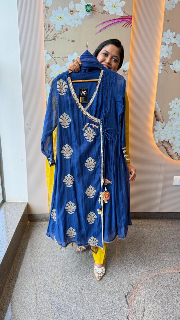 Premium Mul chanderi angrakha pattern gotta detailing suit set in royal blue