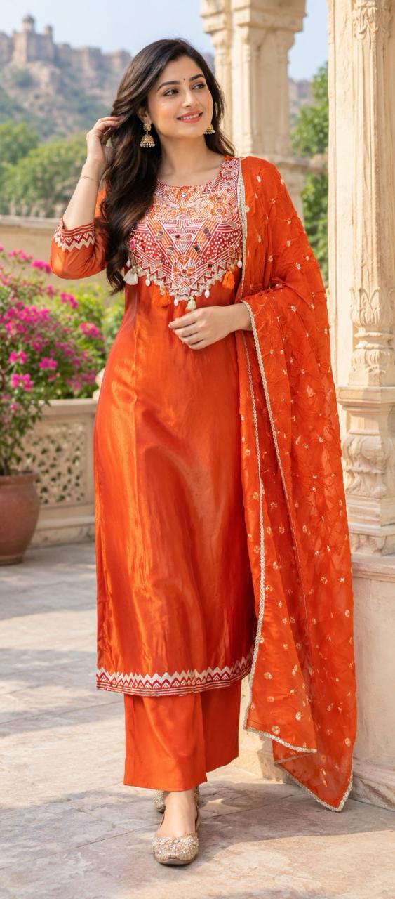 Pretty gaji silk with pretty hand work on yoke in orange