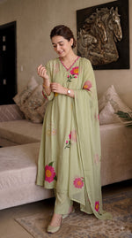 Brush painted premium Mul Chanderi Anarkali suit set in green