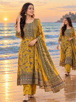 Russian silk pretty Kalamkari suit set in yellow