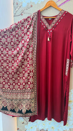 Super premium gaji silk suit set in red paired with Kalamkari dupatta in red