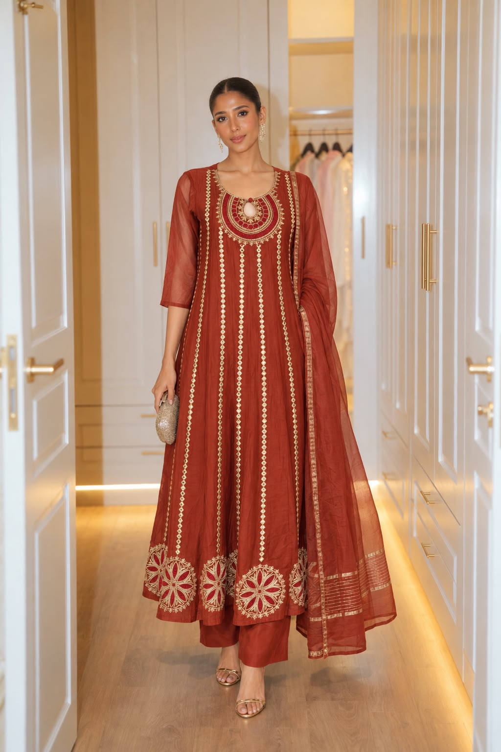 Pretty Mul chanderi Zari detailing suit set in Orange