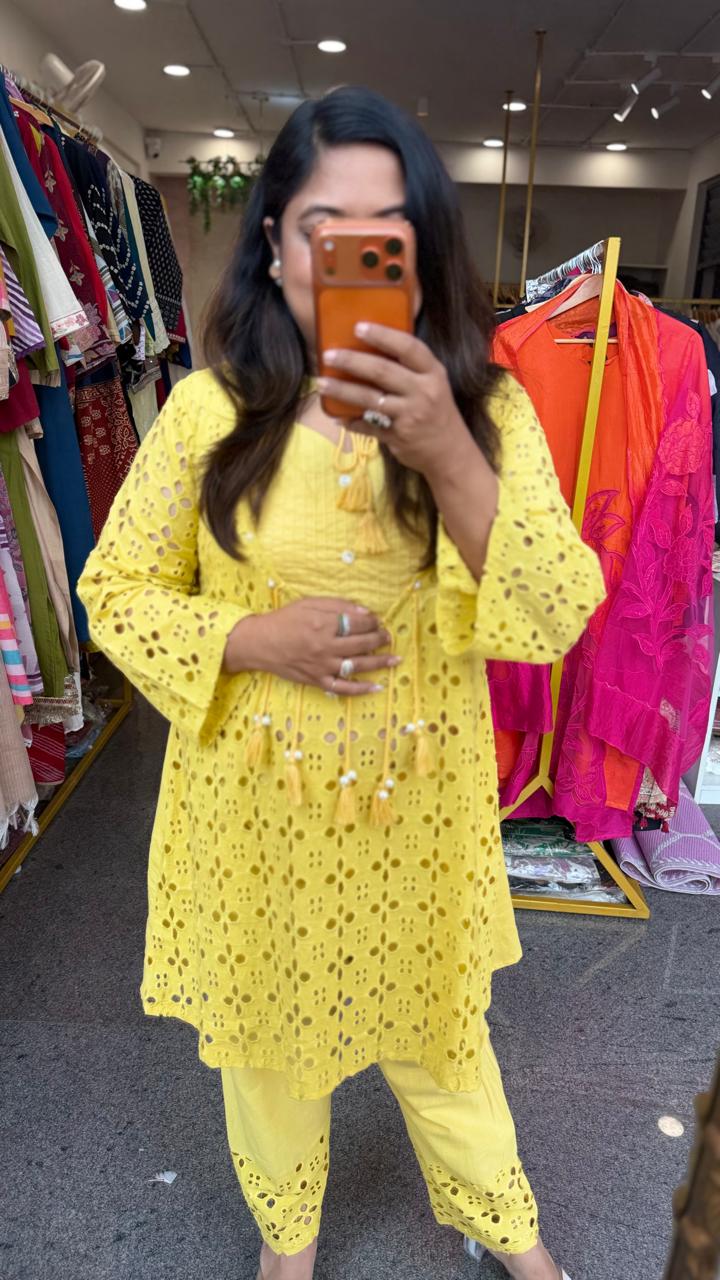 Premium cotton shifli co ord in yellow