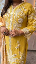Cotton chanderi Hakuba lining suit set in yellow with lace detailing