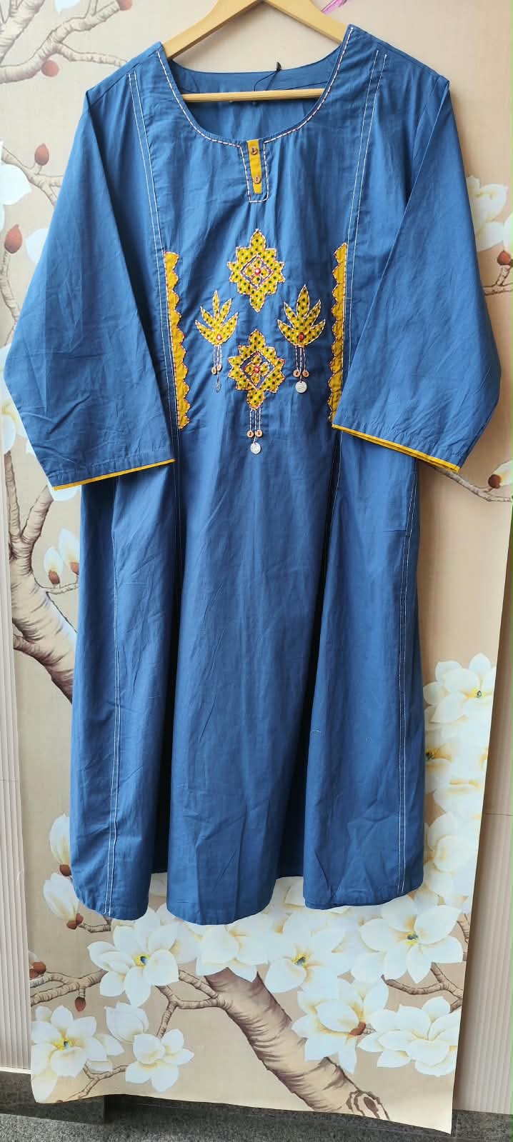 Premium cotton applique suit set in blue n yellow