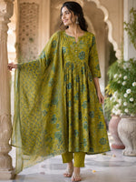 Premium cotton Anarkali suit set green