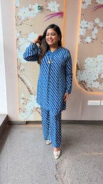 Pretty crepe silk with pocket designer sleeves co ord in blue