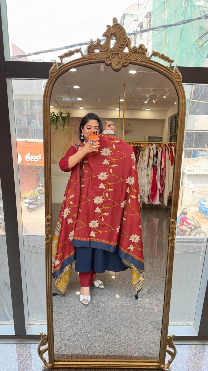 Premium cotton applique work cotton suit in blue with pocket and paired with a Kalamkari dupatta