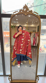 Premium cotton applique work cotton suit in blue with pocket and paired with a Kalamkari dupatta