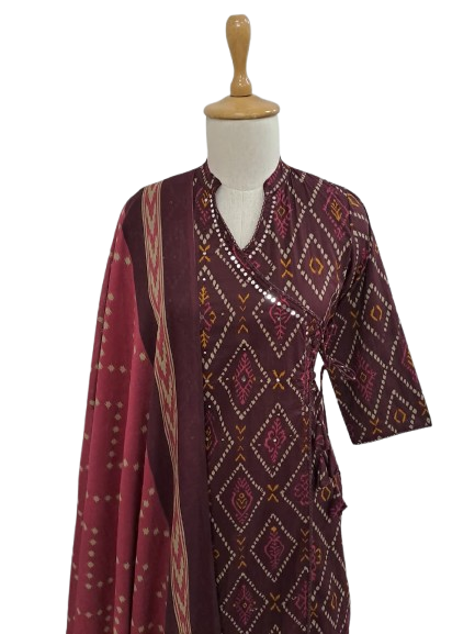 Cotton angrakha bandhani full suit set in wine