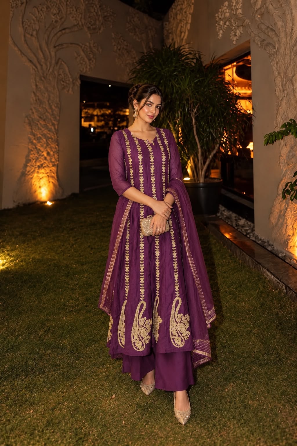 Pure Banarasi zari detailing Anarkali suit with zari border Purple