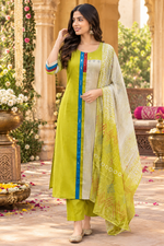 Pretty Mul chanderi with real mirror detailing suit set in green (slim fit )