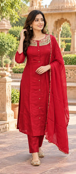 Designer red Mul chanderi handwork suit set