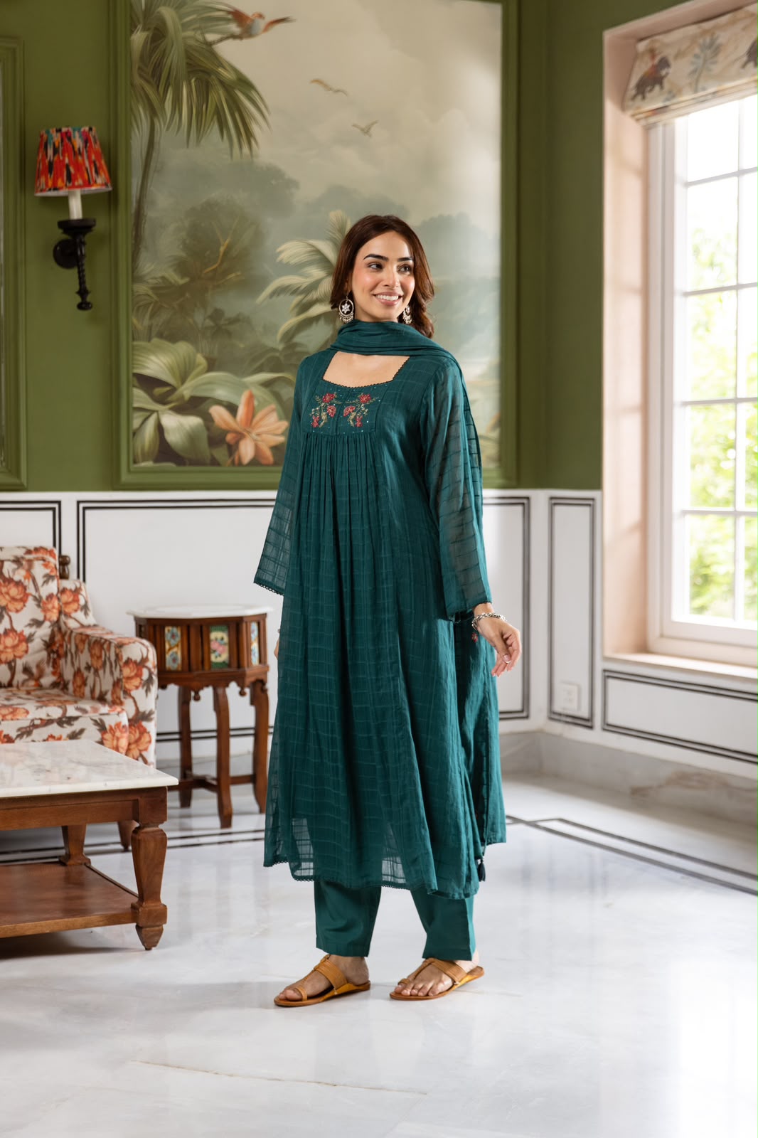 Pure Mul cotton Cheks suit set in teal