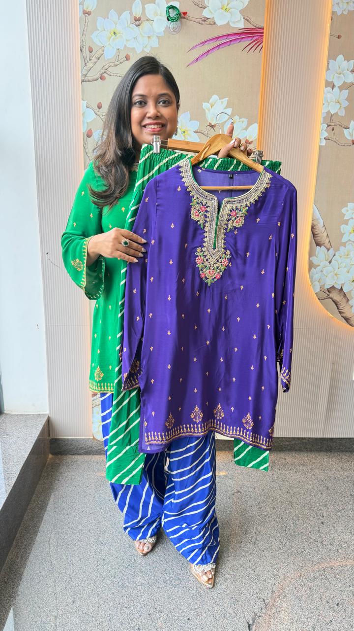 Pure crepe digital printed farshi salwar suit set in green n blue
