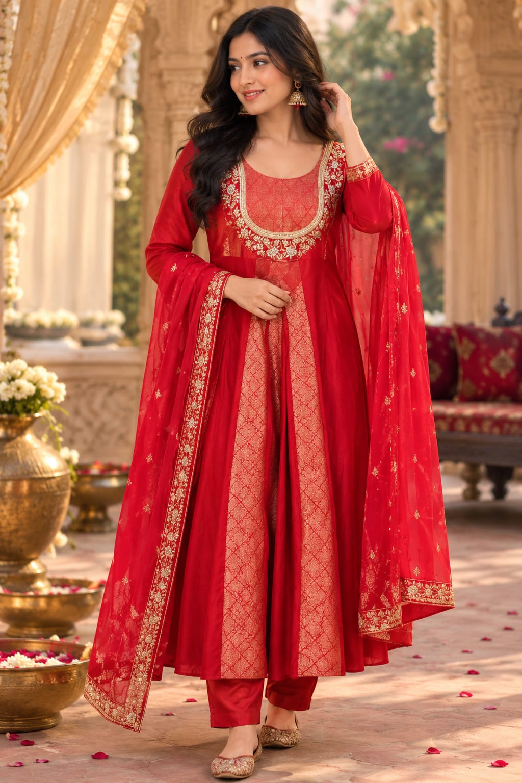 Designer panel brocade Anarkali full suit in red