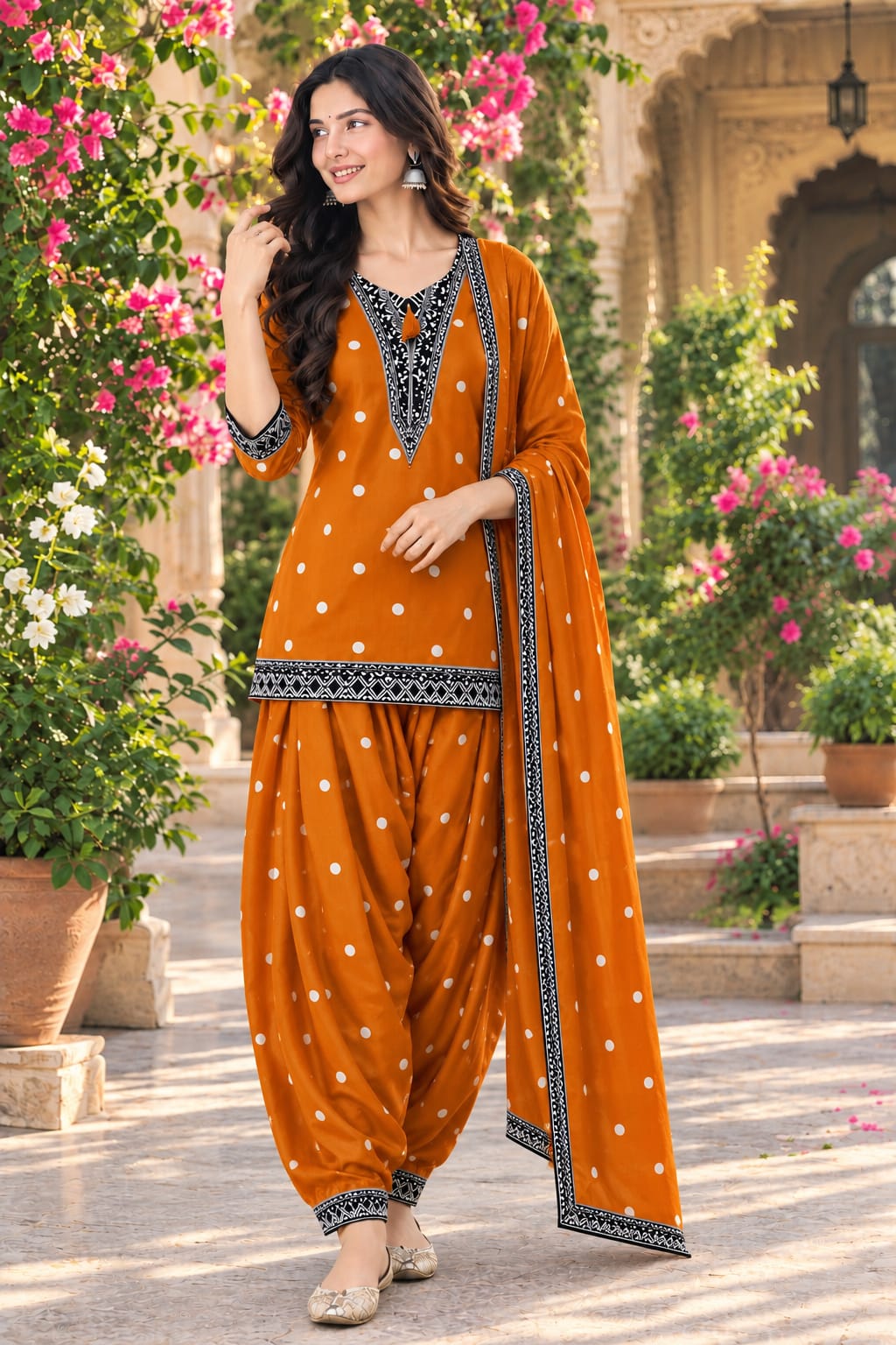 Pure Mul silk real mirror farshi salwar suit set in rust