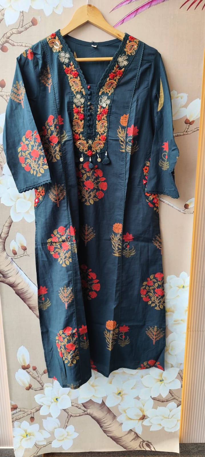 Pure cotton embroidered real mirror designer pocket full cotton suit set in blue