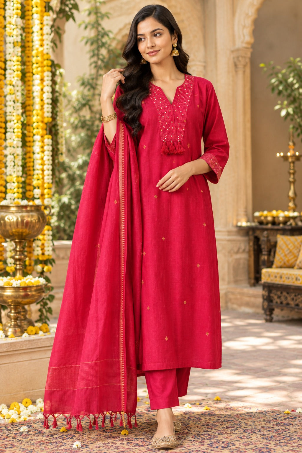 Premium handloom cotton zari weaved suit in pink