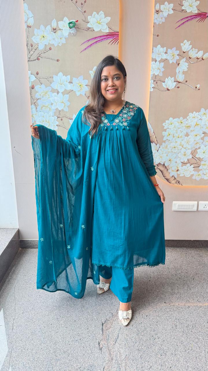 Pure Mul cotton real mirror rama blue full suit set in rama