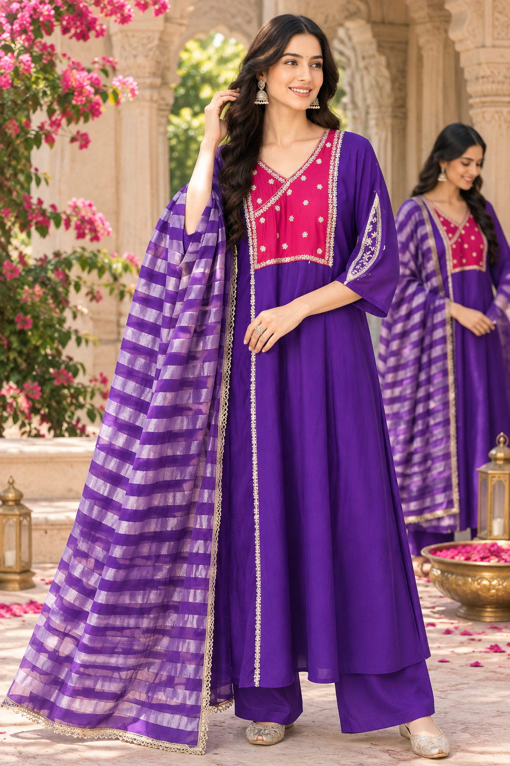 Mul chanderi zari detailing suit set in purple n red