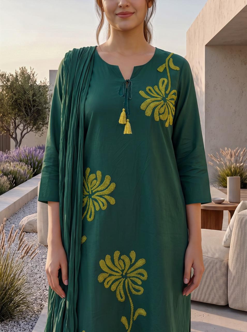 Pretty cotton embroidered suit set in green