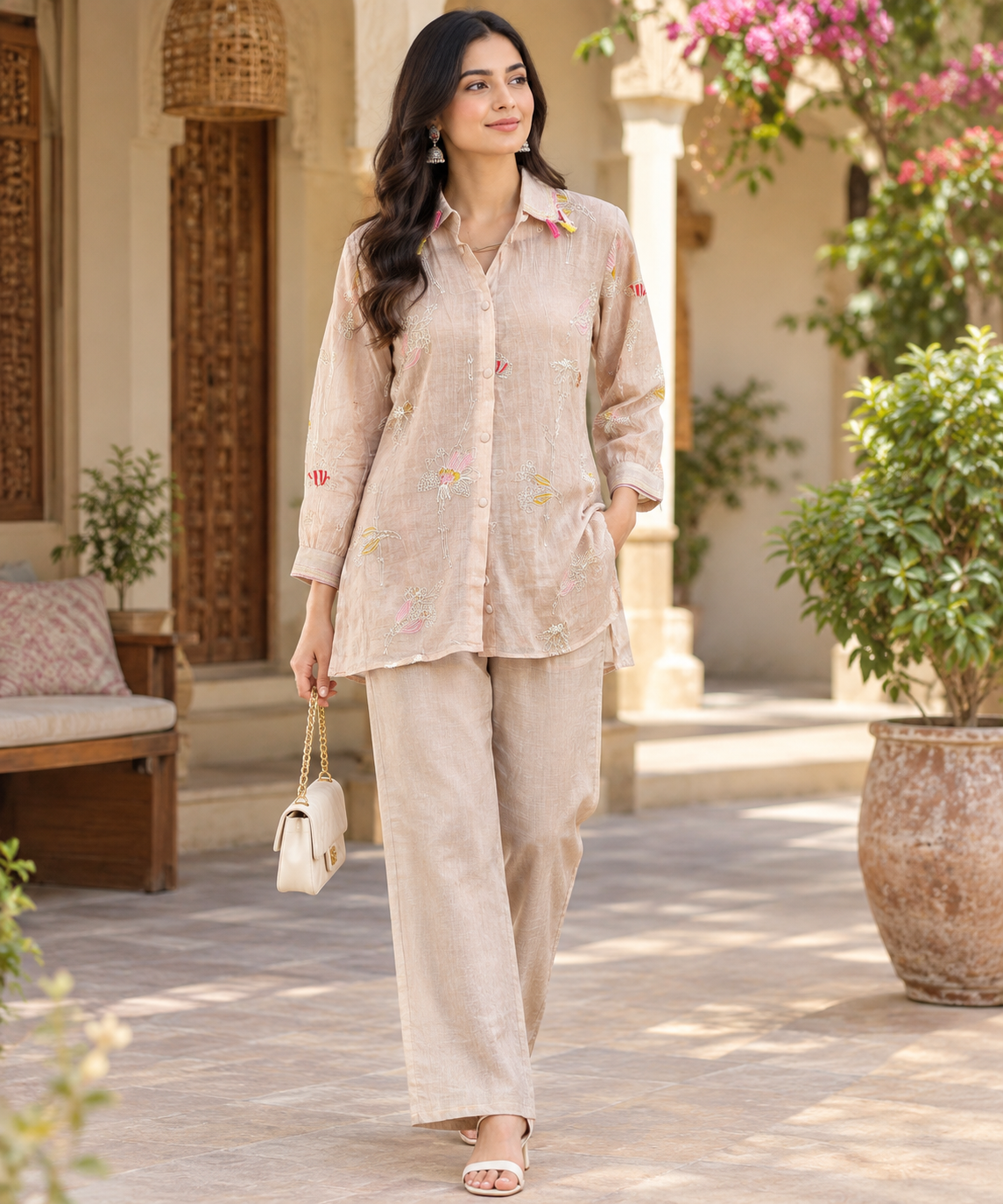 Premium Mul chanderi with front n back embroidery paired with linen pants attached inner