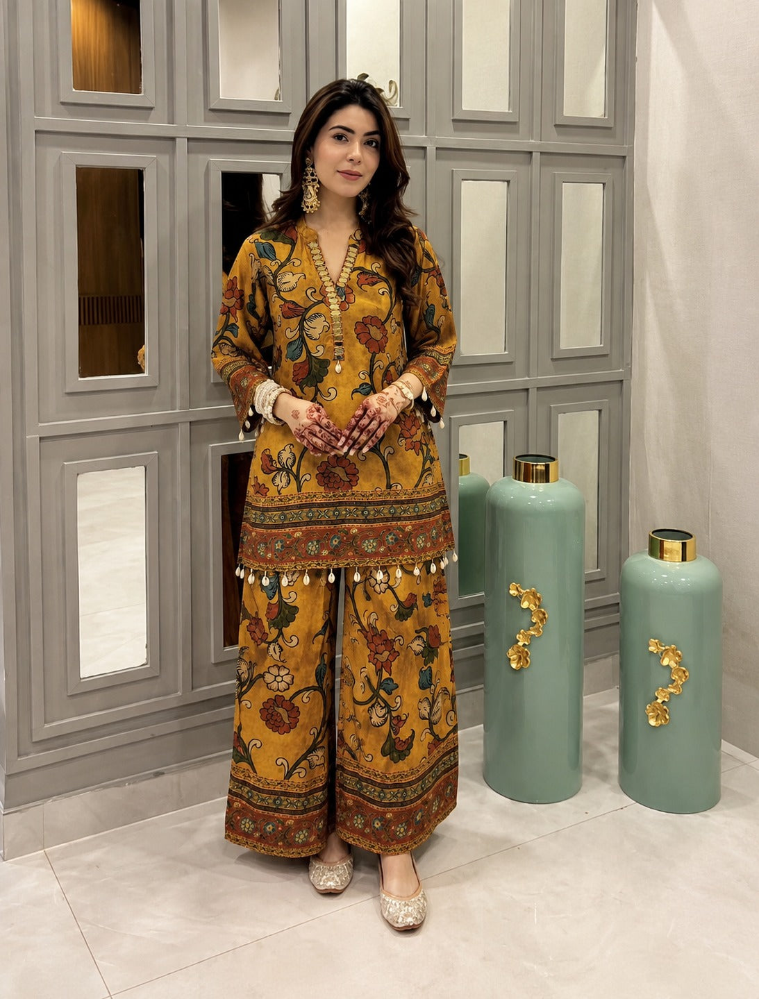 Pure crepe Kalamkari co ord set in yellow. Dispatching in next 3-4 days