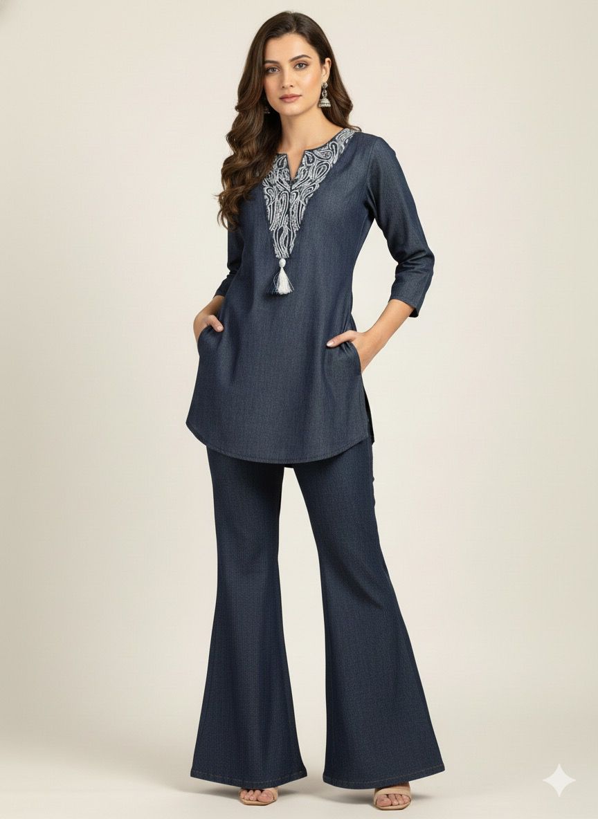 Denim cotton embroidered co ord