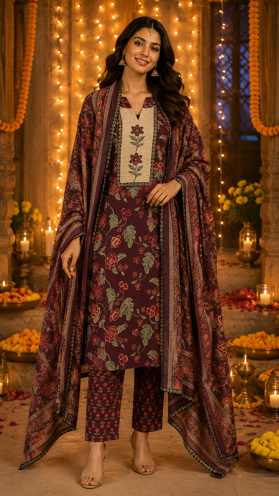 Pretty Kalamkari suit set in wine