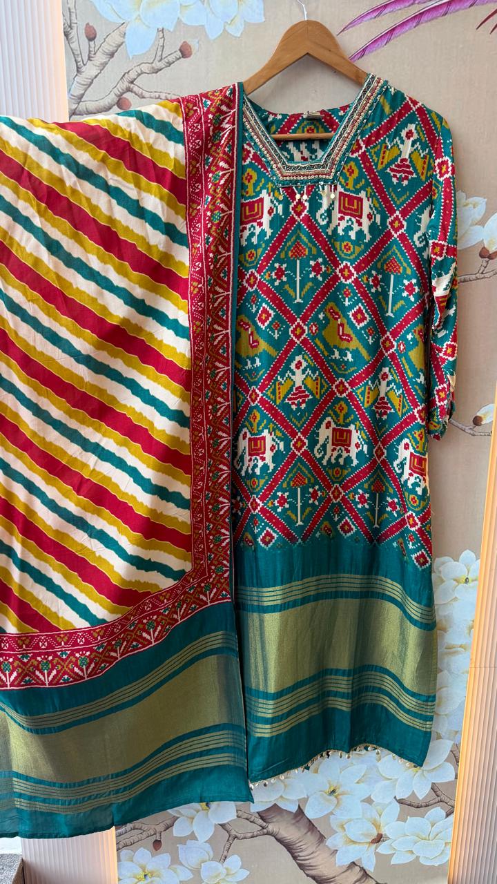 Russia silk lakri patta mul lining suit set in teal blue ( true to size )