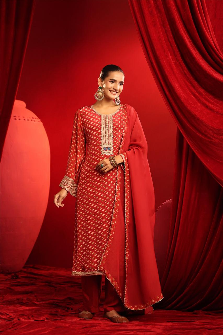 Premium crepe full suit set in red with zari detailing
