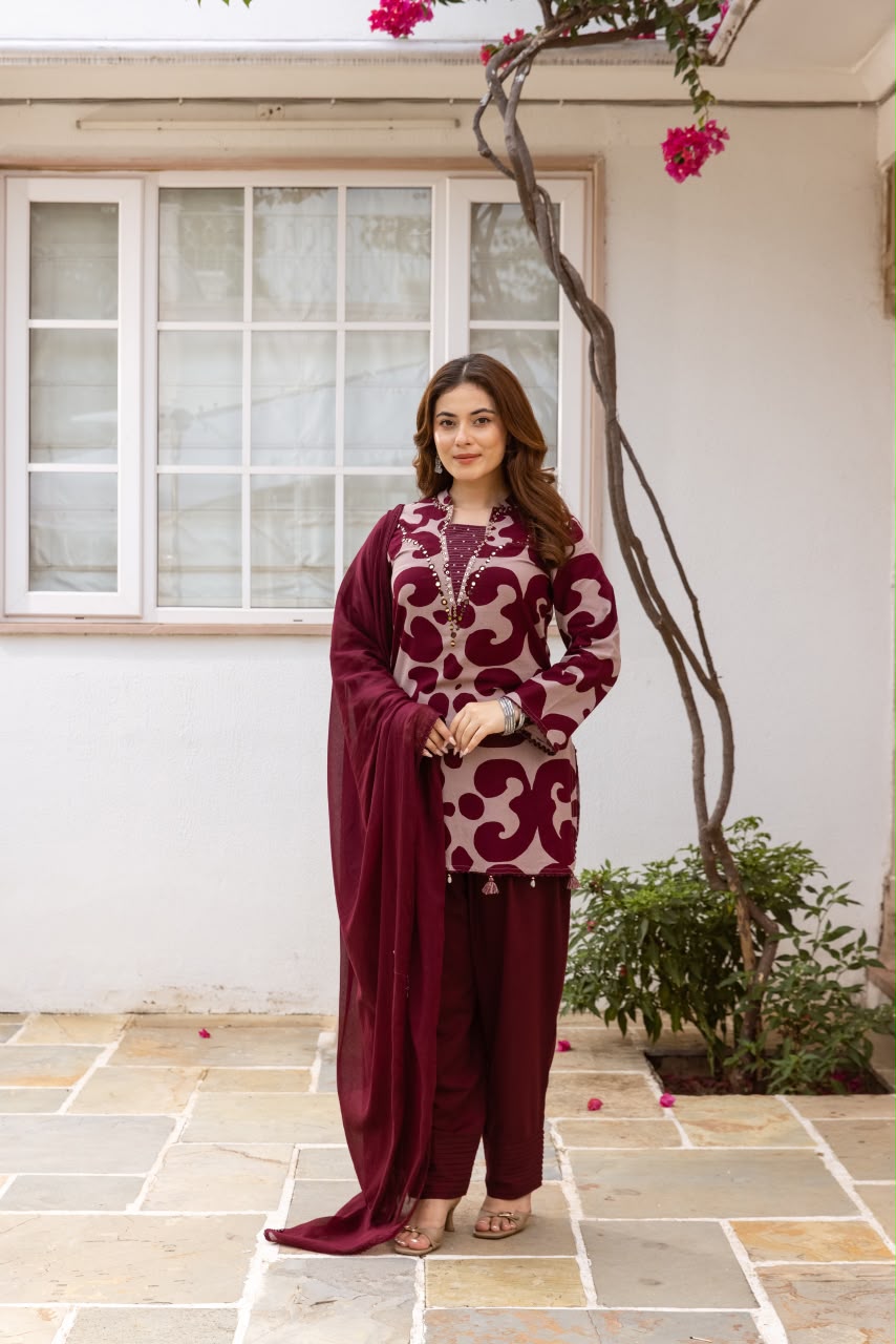 Soft cotton flex farshi salwar suit set in wine