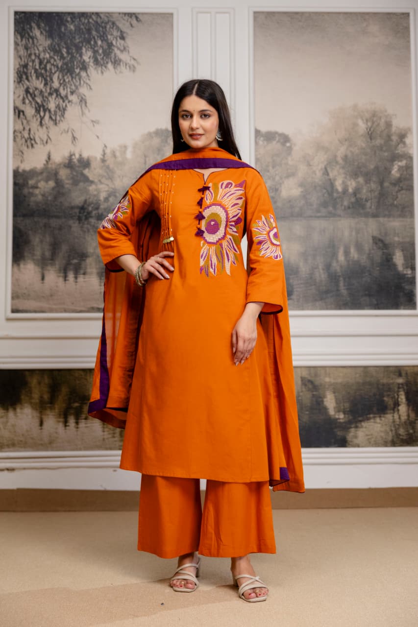 Premium pure cotton embroidered full suit set in rust n purple