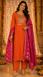 Pretty Mul chanderi with zari detailing and banarsi weaved dupatta in orange n pink
