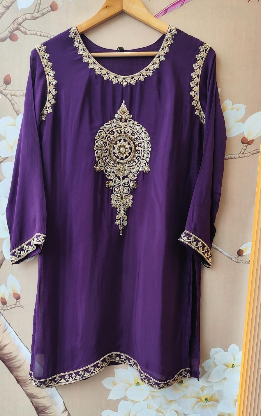 Premium chinon beautiful handwork all over in purple